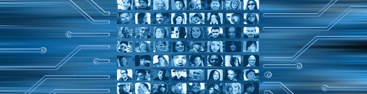 Image of many small screens with faces on a circuit board, all blue