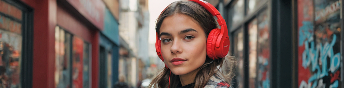 Chica con camisa de cuadros y auriculares rojos en la cabeza