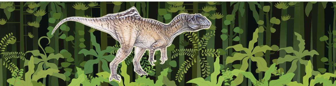 Silueta de dinosaurio T-rex sobre fondo pintado con motivos vegetales
