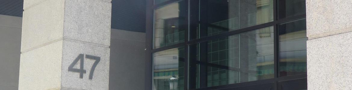 puerta de entrada al edificio de la sede central del IMIDRA en la calle Leganitos nº 47 de Madrid, puerta metálica con listones negros con espejos