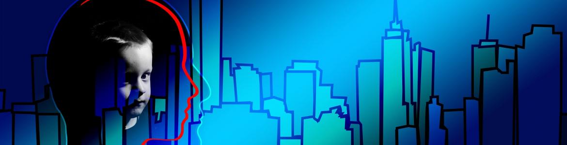 Perfil de edificios y cabezas sobre fondo azul