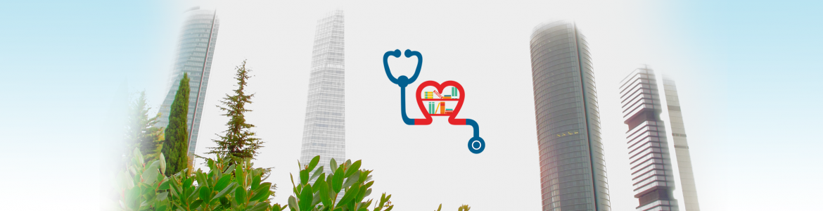 Imagen de las cuatro torres de Madrid con el logo de la Escuela Madrileña de Salud