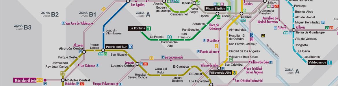 Imagen de detalle de un plano esquemático de la red de Metro, Metro Ligero y Cercanías de la Comunidad de Madrid