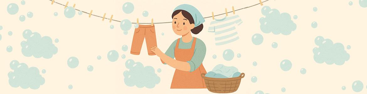 Imagen decorativa, dibujo de lavandera, ropa tendida