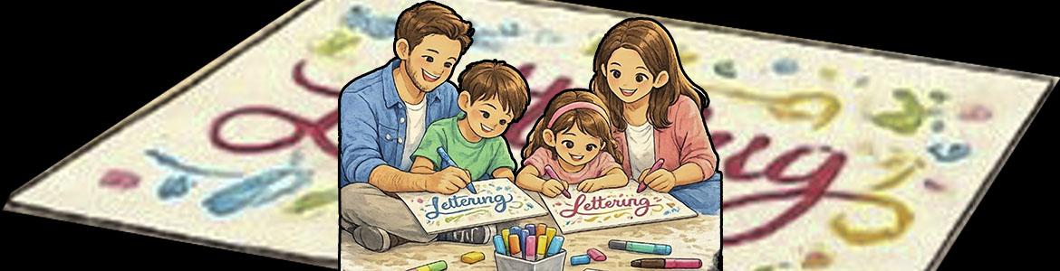 Imagen decorativa, familia con padre, madre, hijo e hija escribiendo