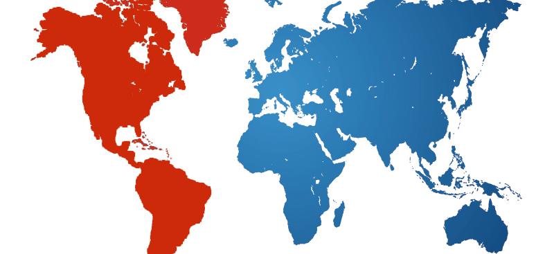 Mapa mundi en que se resalta en rojo América