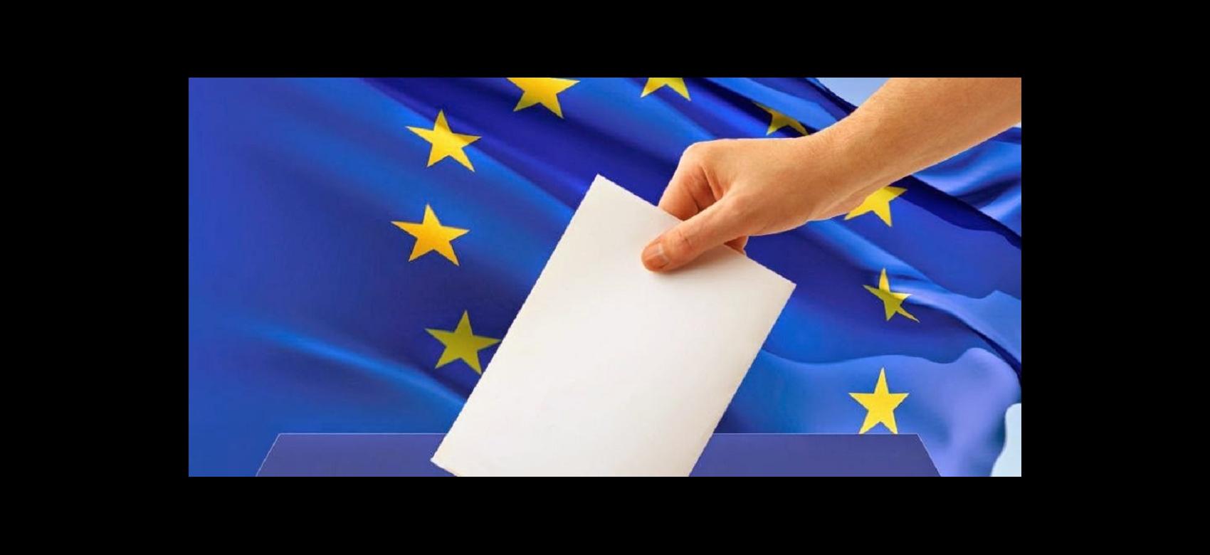 Mano depositando un voto, con bandera de la UE al fondo