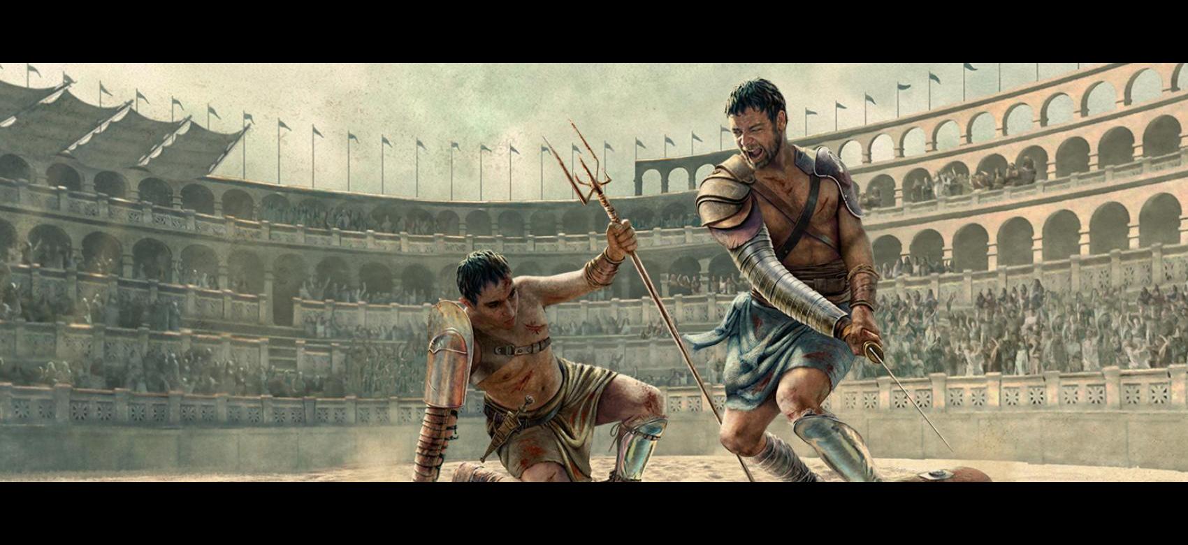 Gladiador con espada lucha contra gladiador con tridente en circo romano