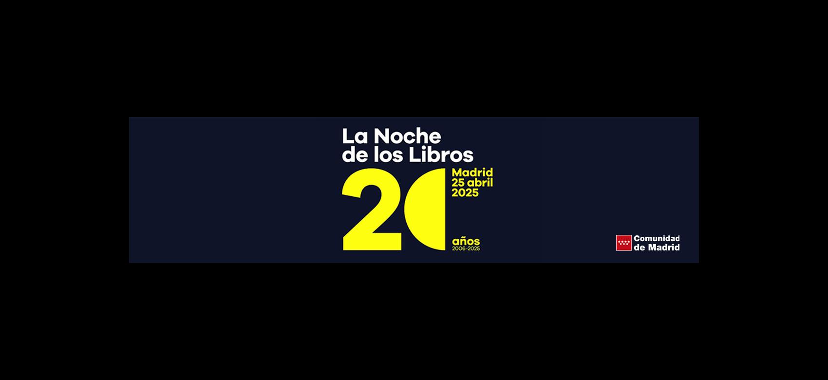 Logo con un 2 y media luna amarilla formando 20 aniversario noche de los libros