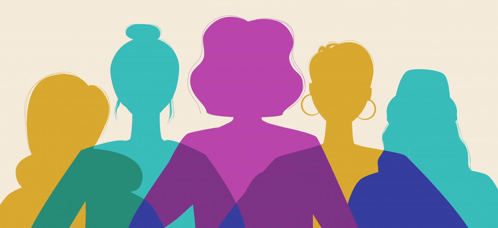 Five silhouettes of women in different colors