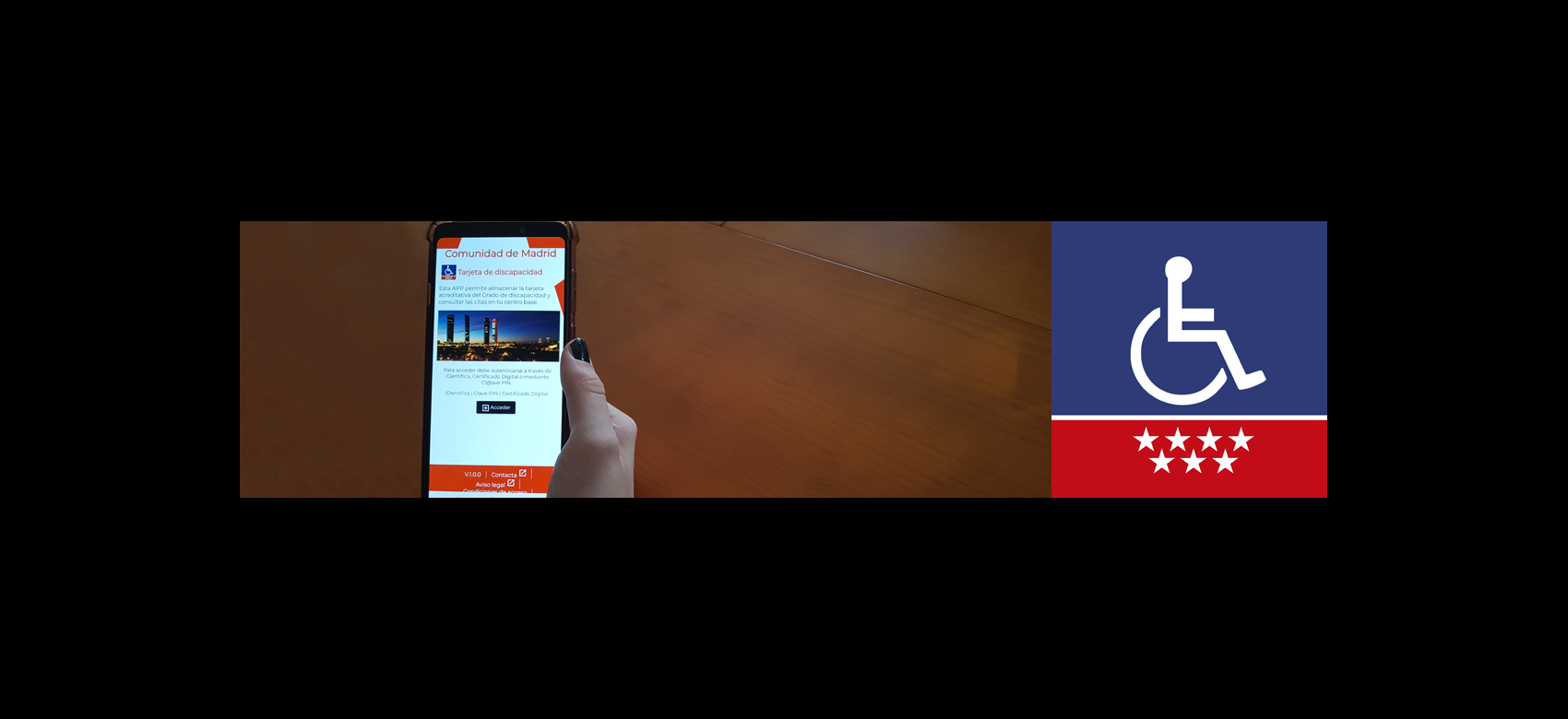 Imagen de una mano que sujeta un móvil con la App "Tarjeta de discapacidad" y logotipo de la aplicación