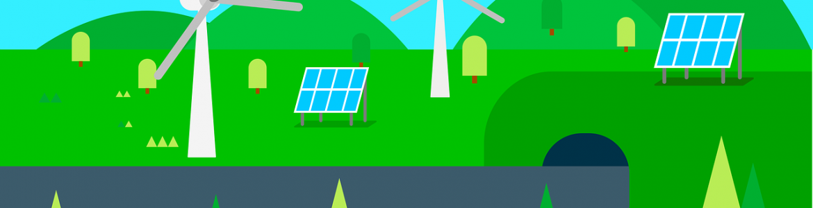 Dibujo de campo con paneles solares y molinos de viento