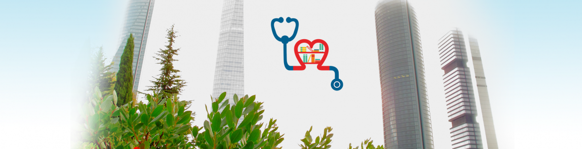 Imagen de las cuatro torres de Madrid con el logo de la Escuela Madrileña de Salud