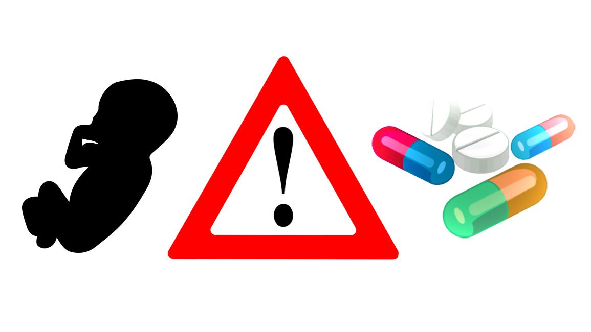 Silueta de bebé, signo de peligro e imagen de pastillas
