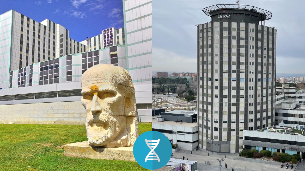 Imagen de fachada del Hospital Universitario Ramón y Cajal y La Paz con una imagen icónica de una cadena de ADN