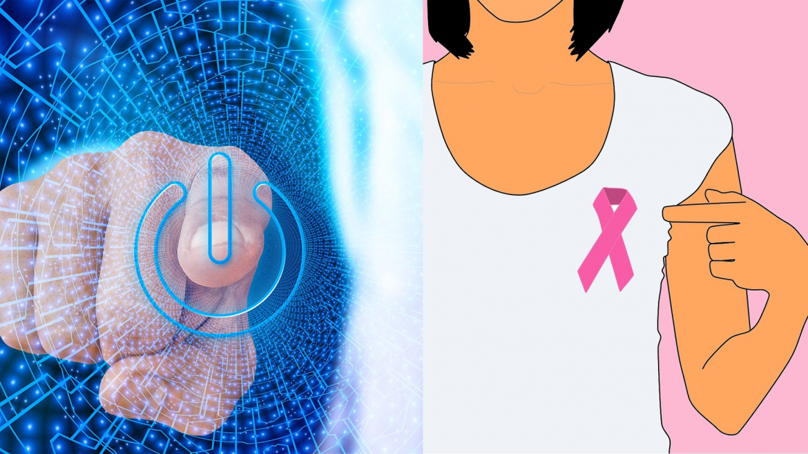 Imagen predefinida de tecnología táctil e icóno de una persona con un lazo rosa en la ropa
