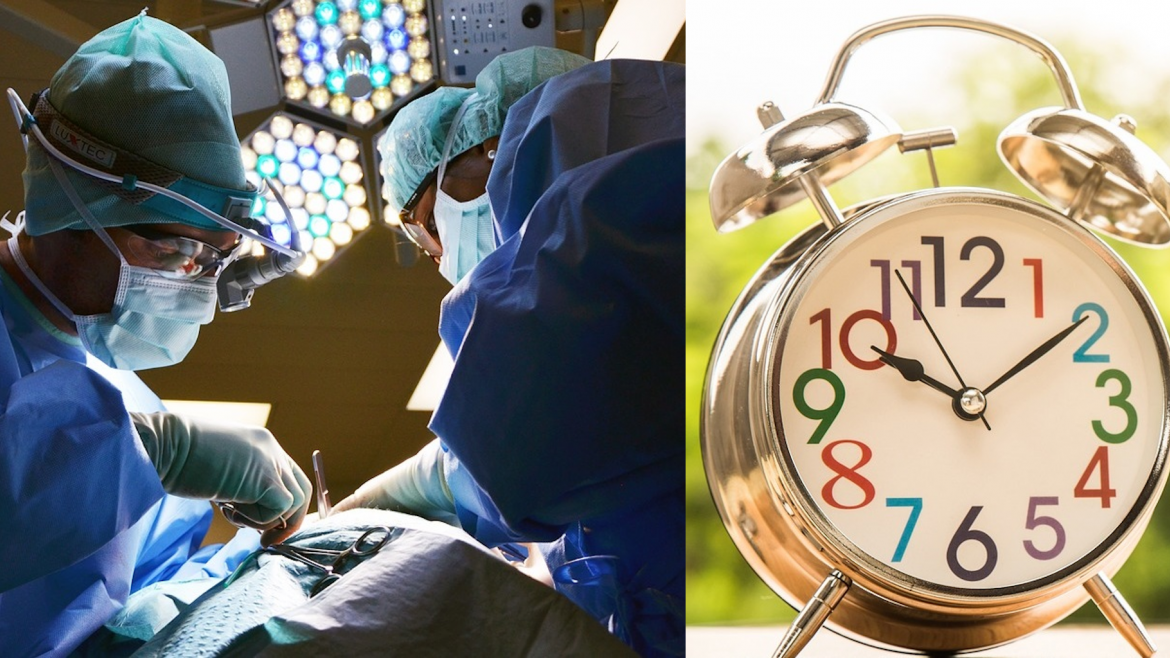 Imagen de cirujanos en quirófano y un reloj