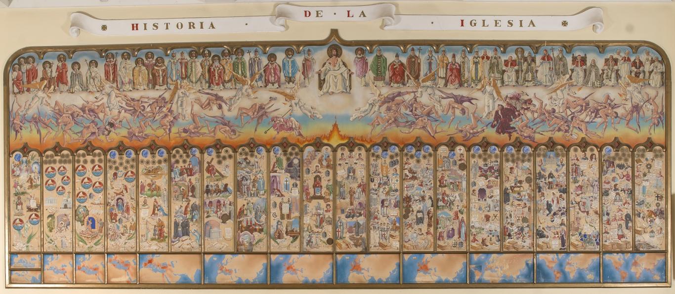 vista general mural con personajes de historia de la iglesia compartimentado en 20 paneles