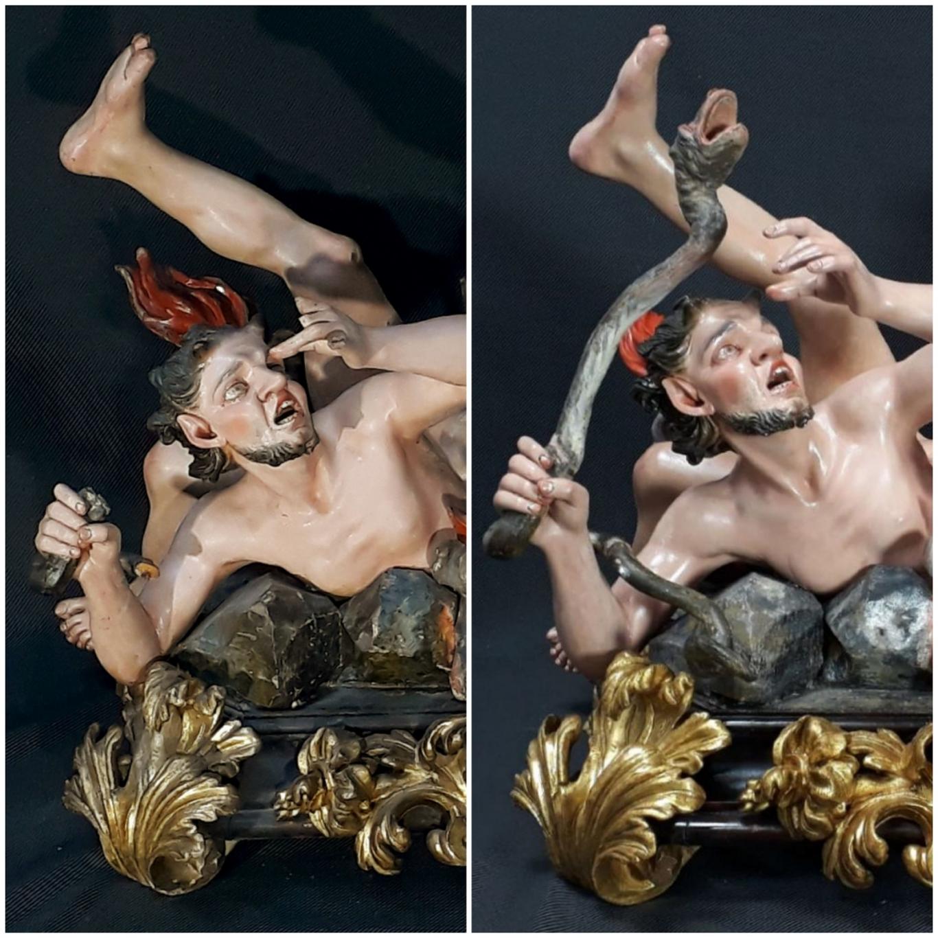 comparativa escultura demonios durante proceso de restauración