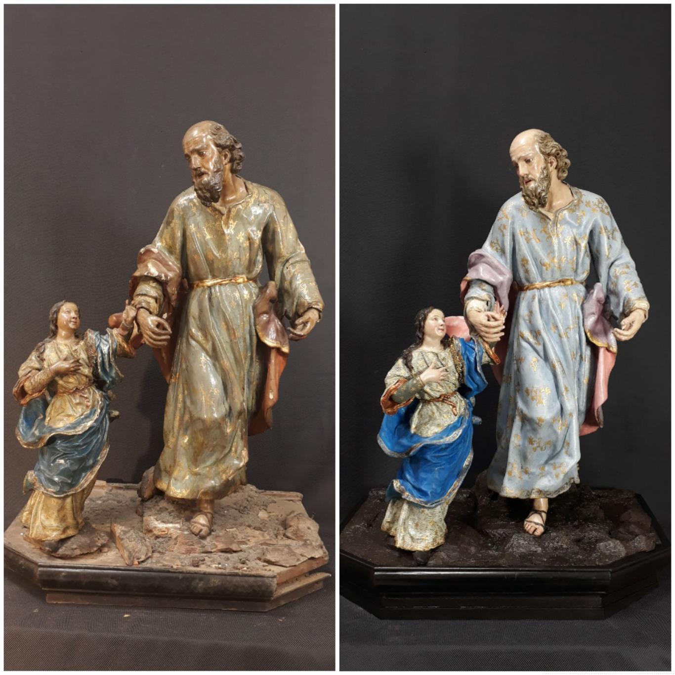 talla de escultura que representa un hombre con túnica y barba de la mano de una niña con túnica y manto azul