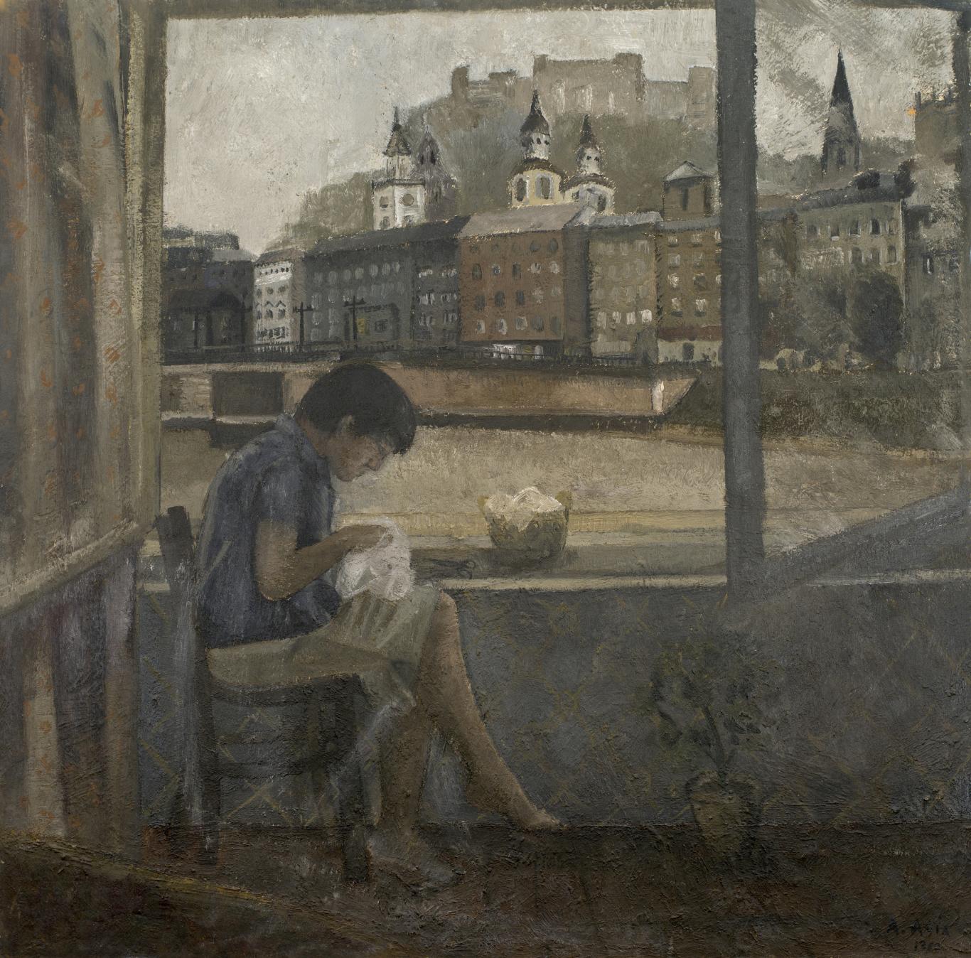 Pintura de una mujer cosiendo junto a una ventana