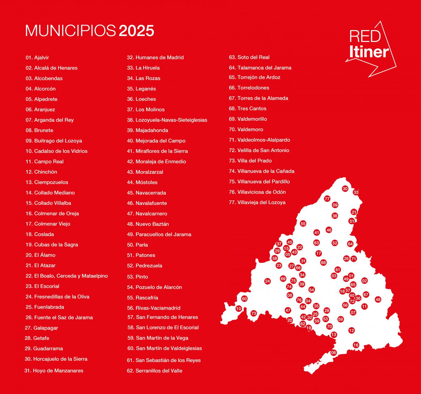 Mapa de la comunidad de Madrid con números que marcan los municipios que forman parte de esta red