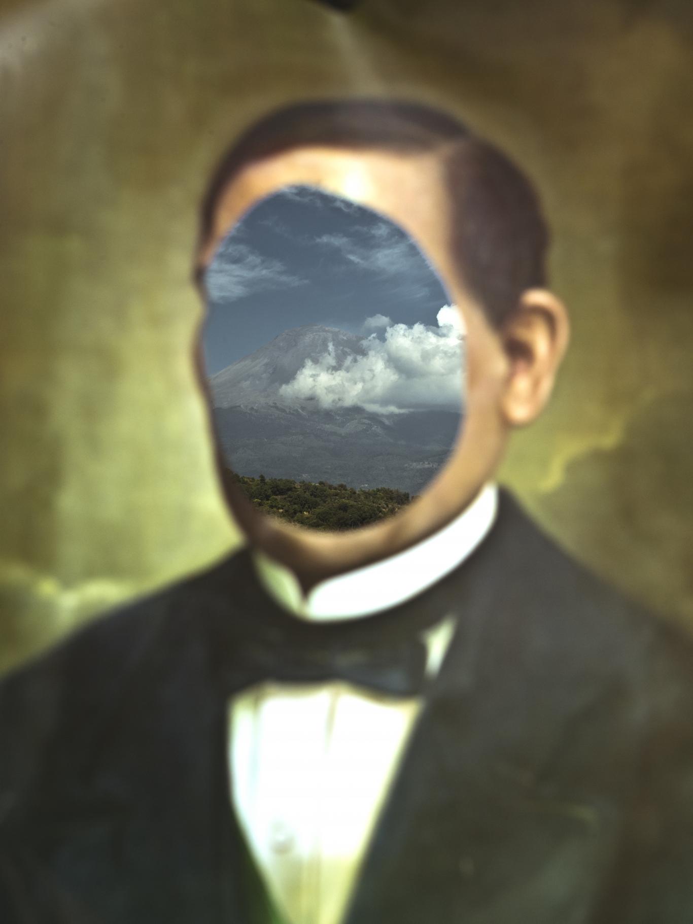 Portrait of a person with a hole in the center of the face as a burn