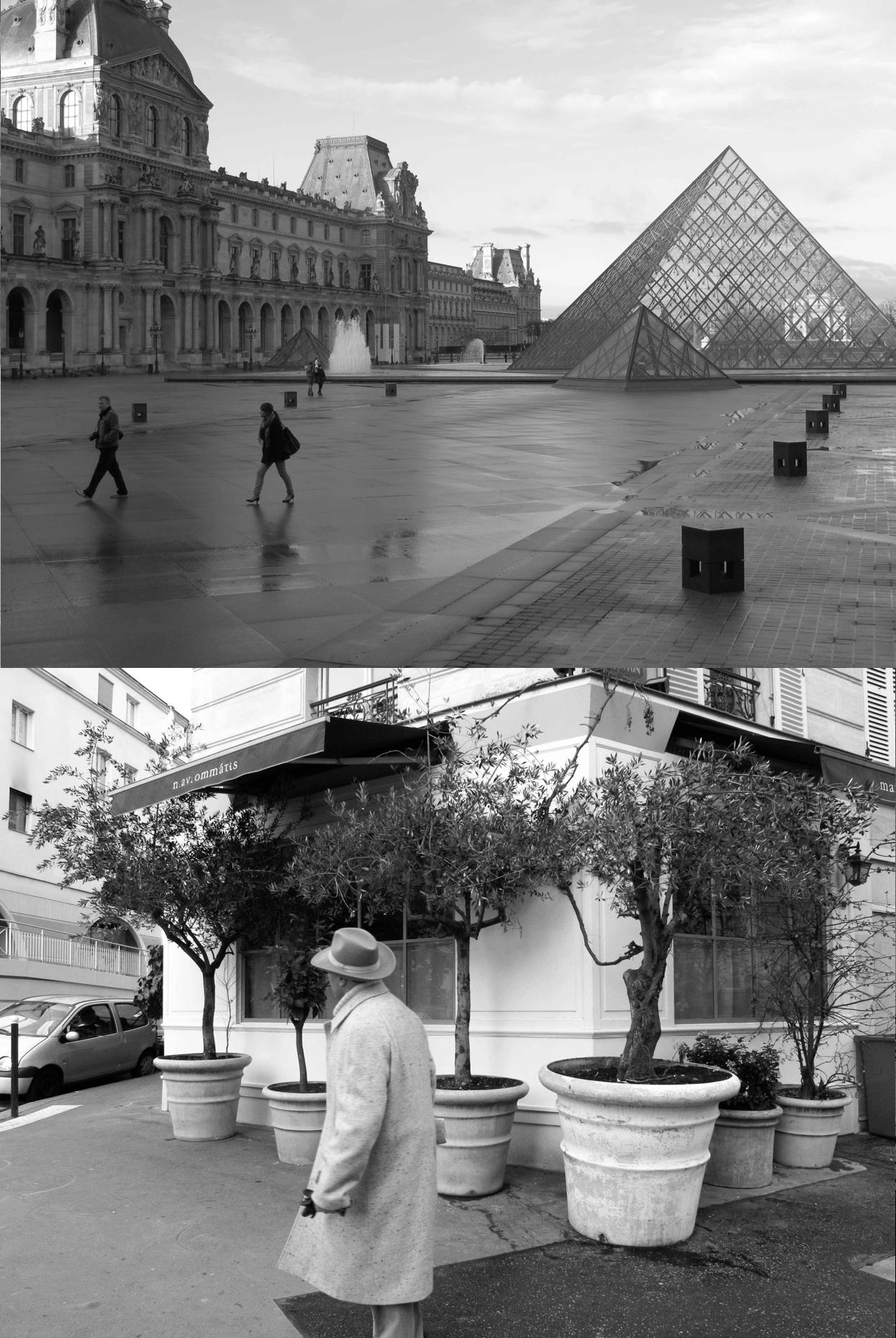 Montaje de dos fotografías de escenas de París, en la de arriba el museo del Louvre y en la inferior un hombre con gabardina en una calle solitaria