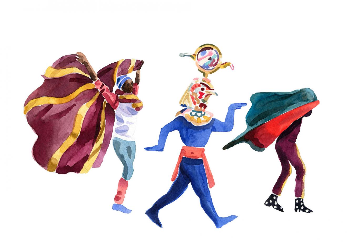 Dibujos de tres personajes vestidos de egipcios