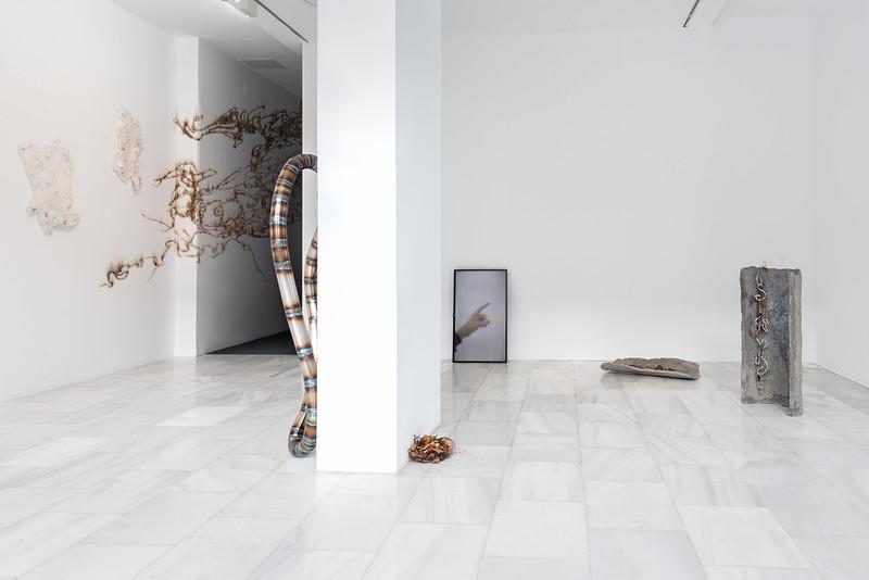View of an exhibition hall with artistic installations