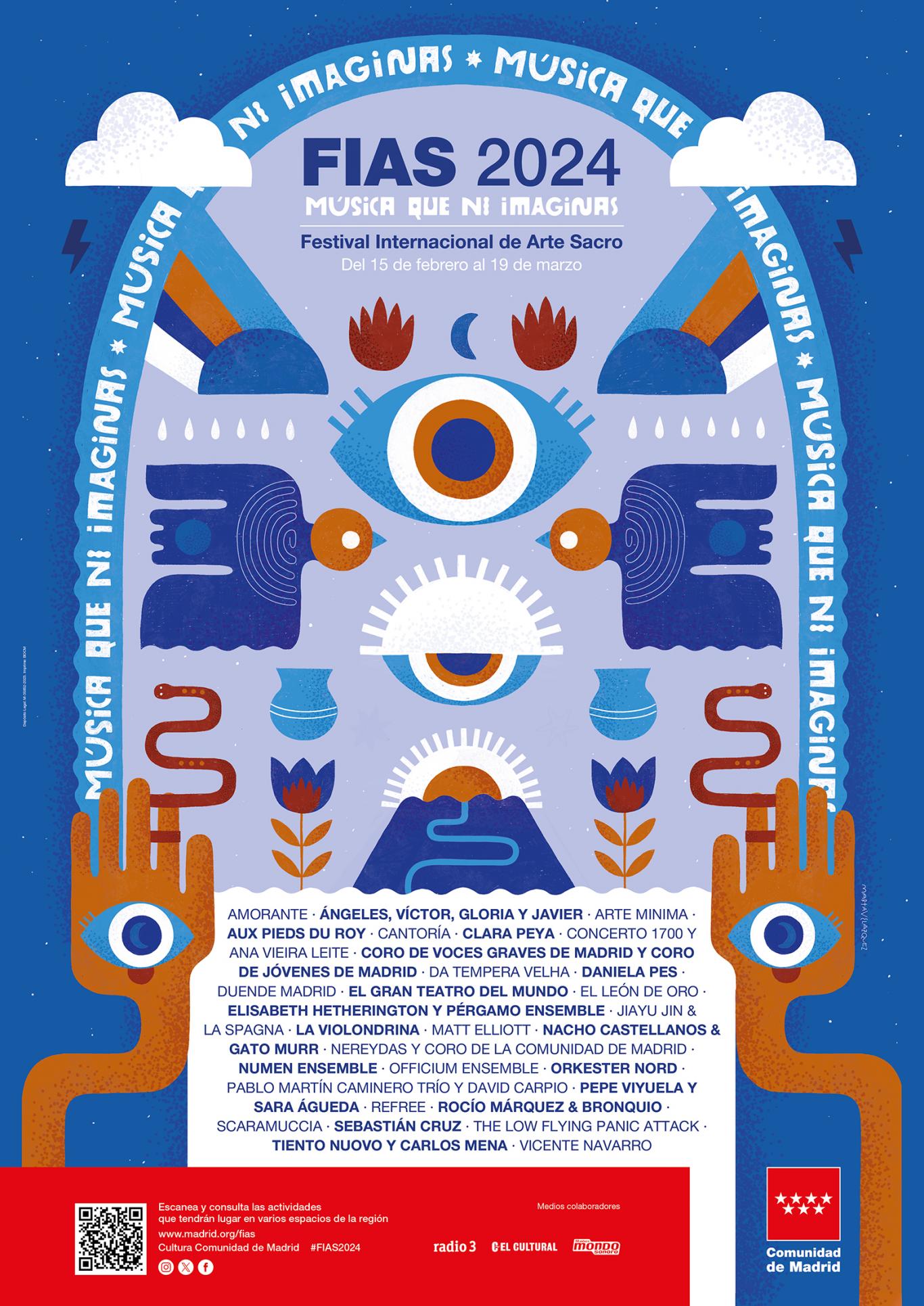 Cartel con dibujos de ojos, manos y notas musicales con los nombres de los artistas y grupos musicales que participan en este festival