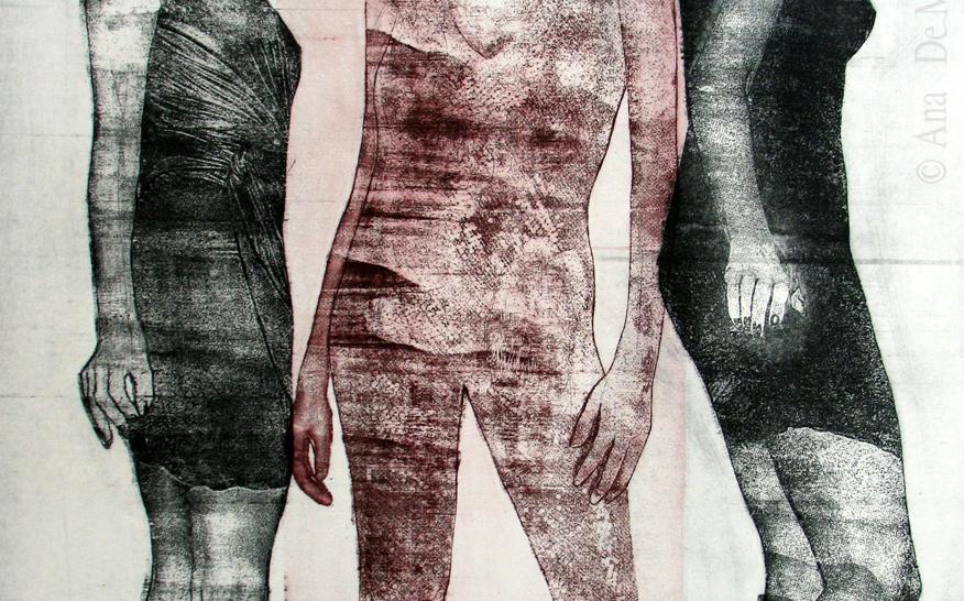 Grabado con el dibujo de tres mujeres
