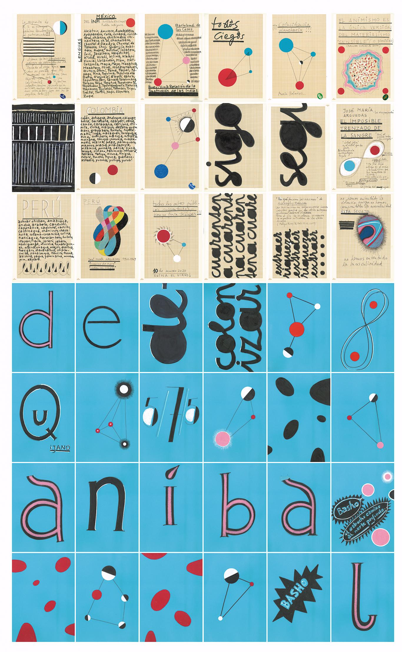 Obra de arte hecha con cuadrículas con dibujos y letras