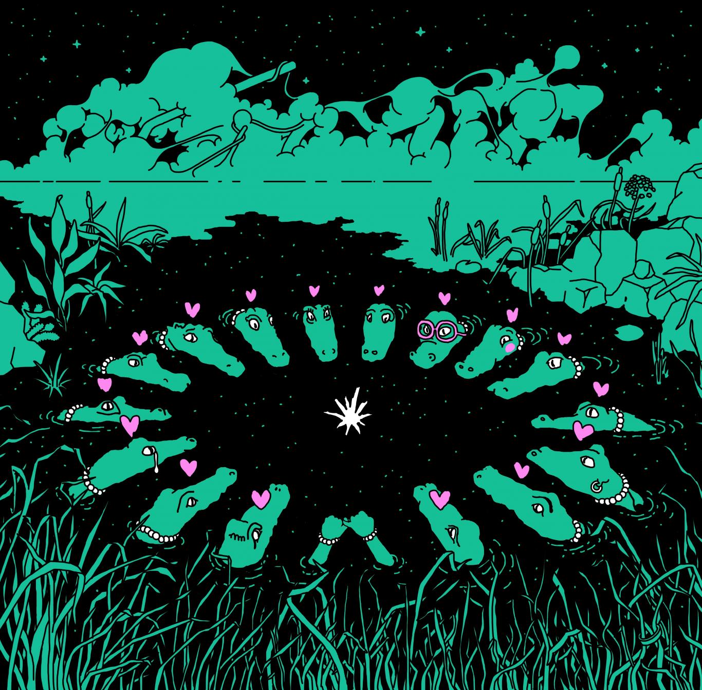 Drawing with crocodiles in circles looking at a heart
