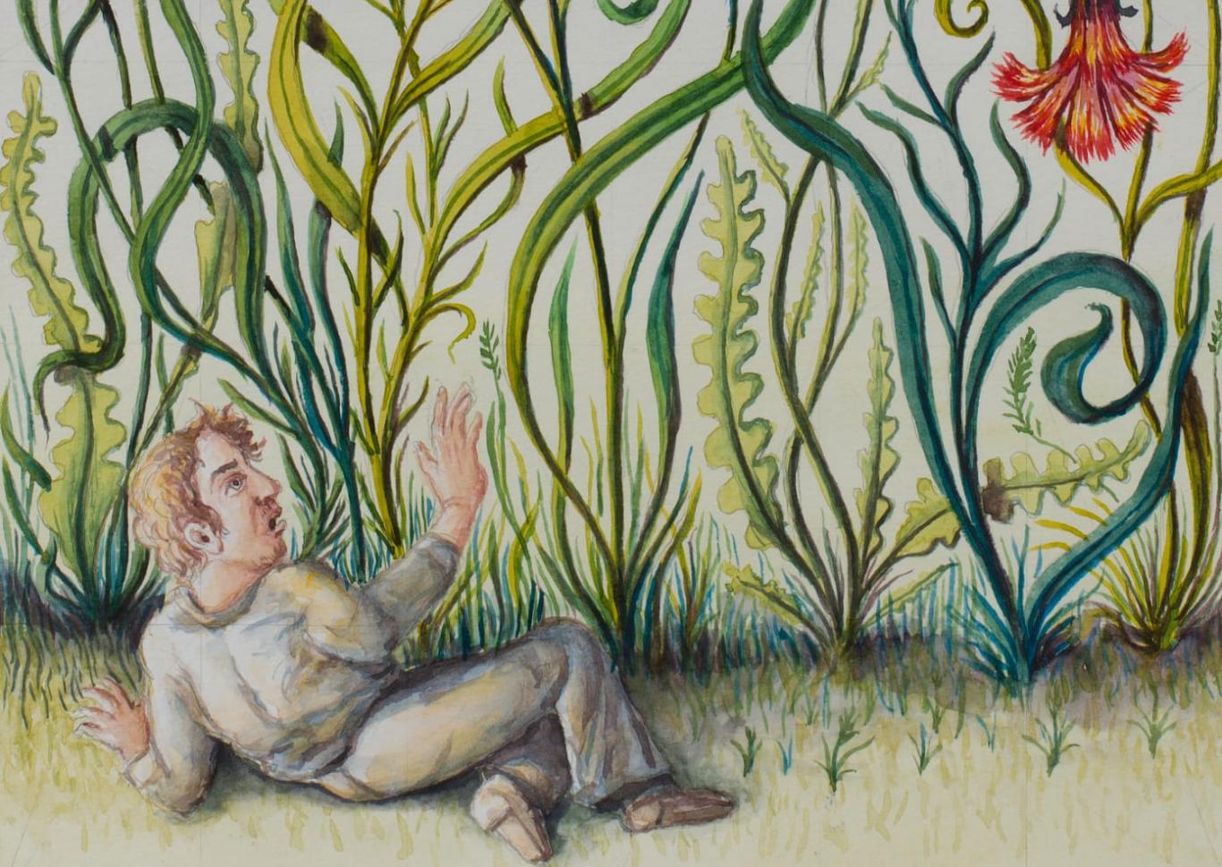 El personaje de Gulliver encogido y rodeado de flores y otra flora