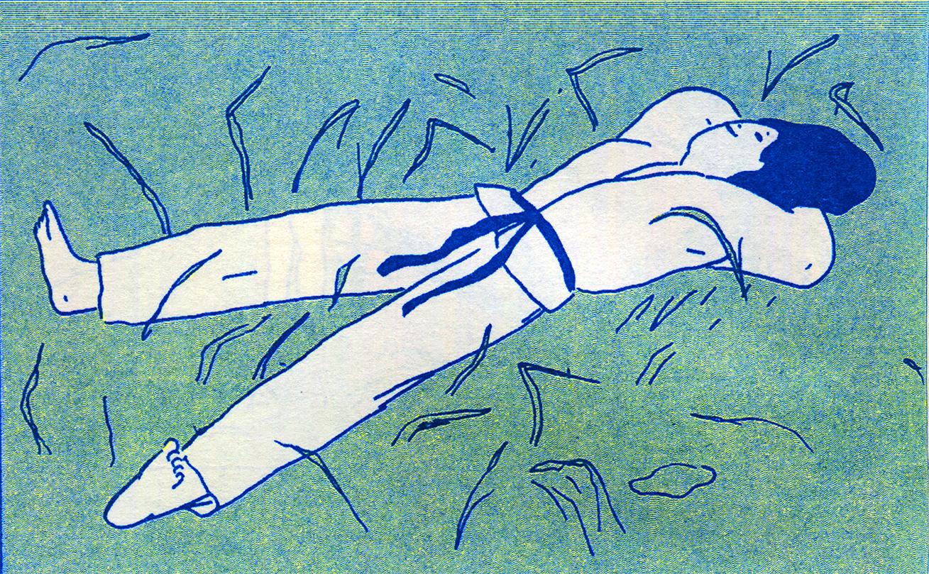 Dibujo de una mujer tumbada en el suelo en tonos azules y verdes