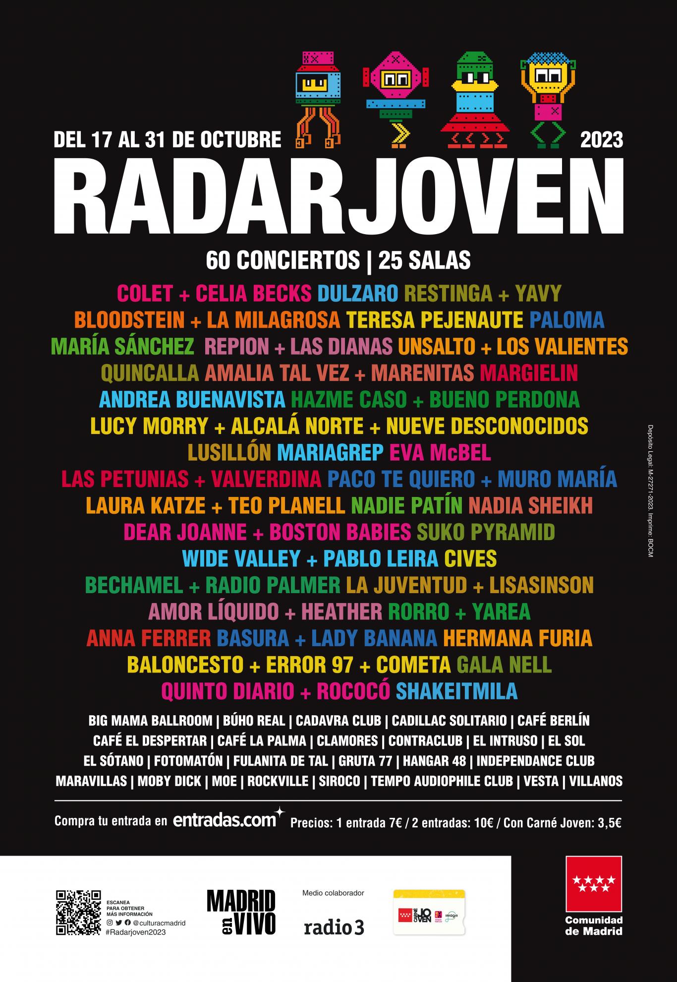 Cartel negro con letras en colores donde se leen los nombres de los grupos que tocarán en este festival