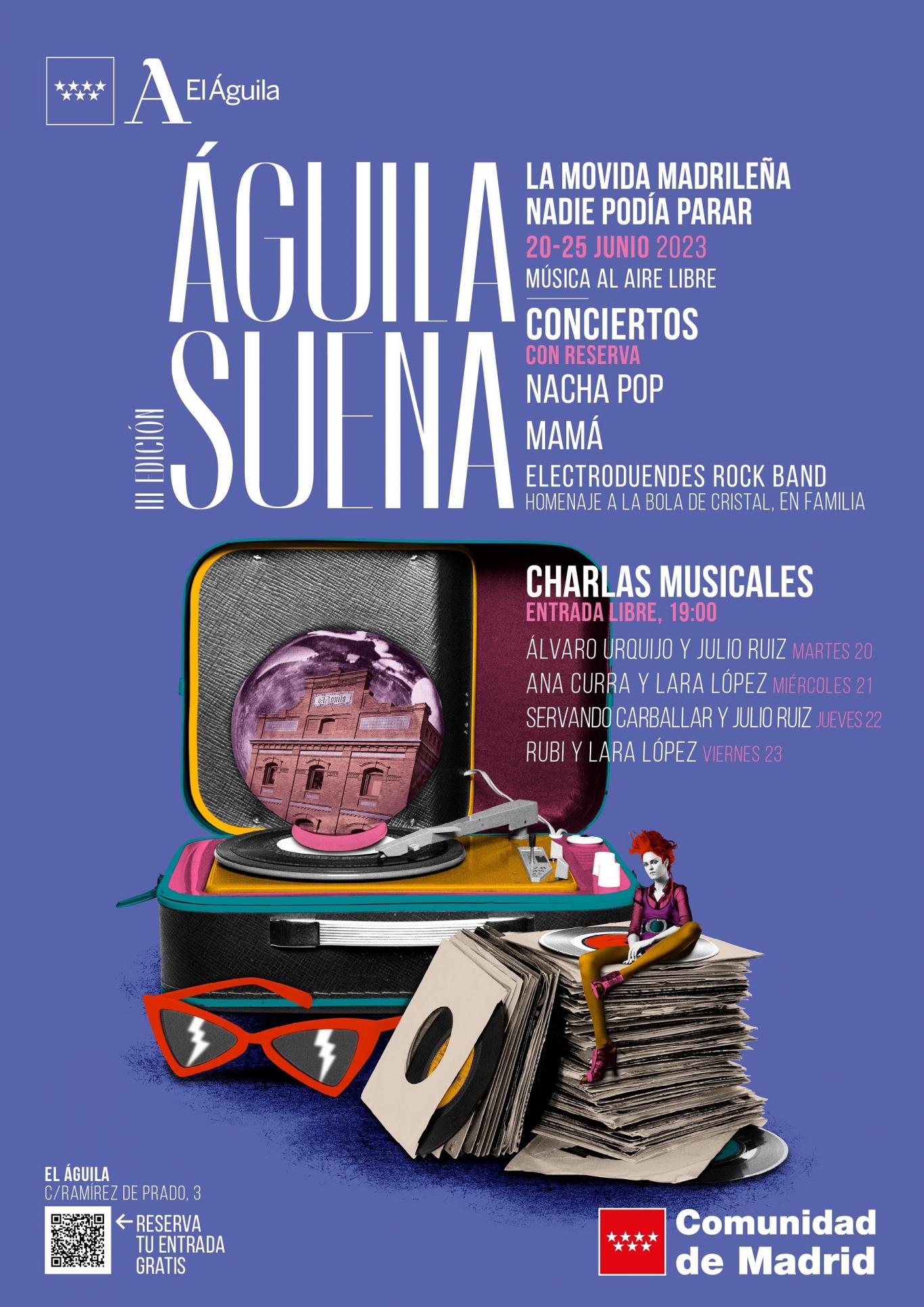 Image with illustration of a woman sitting on a stack of records and a record player