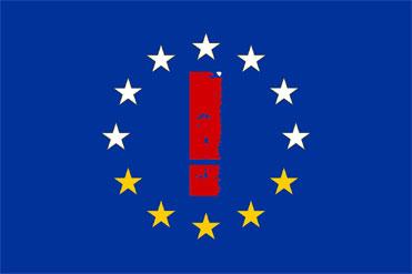 Signo de admiración enmarcado dentro del círculo de estrellas de la bandera de la UE