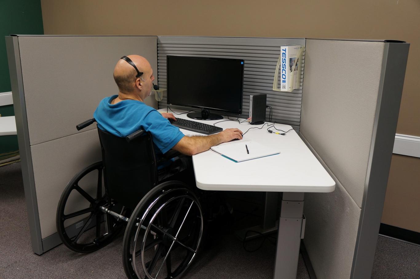 Trabajador en silla de ruedas, trabajando con un ordenador