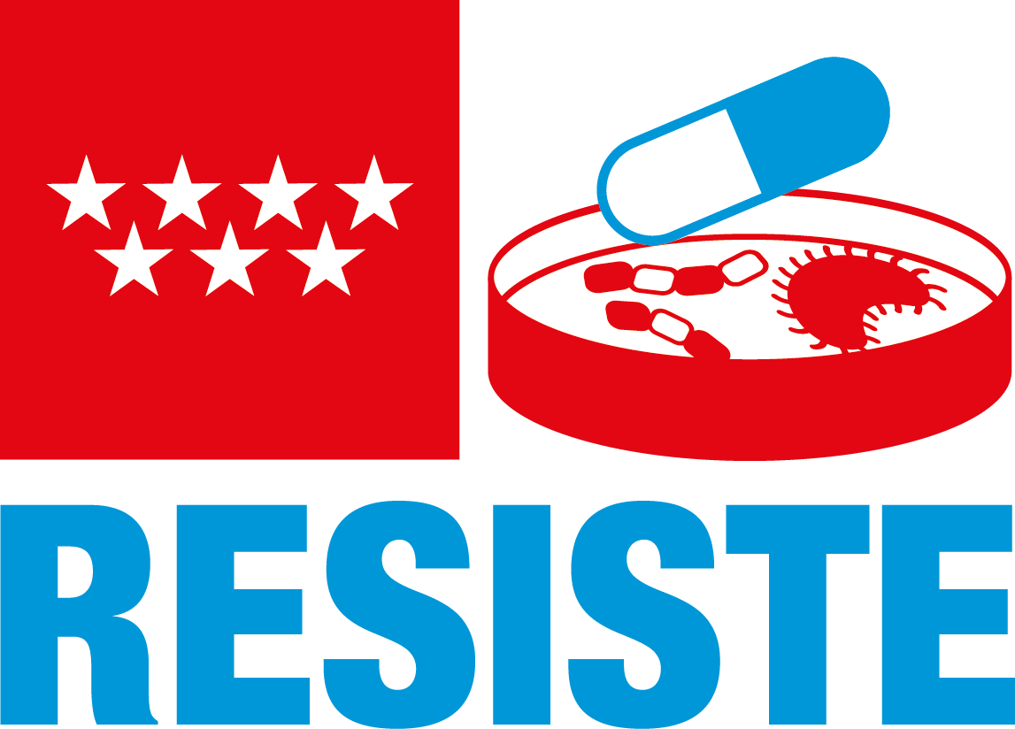 Logo con la bandera de la Comunidad de Madrid, la  palabra RESISTE y una placa de cultivo de bacterias