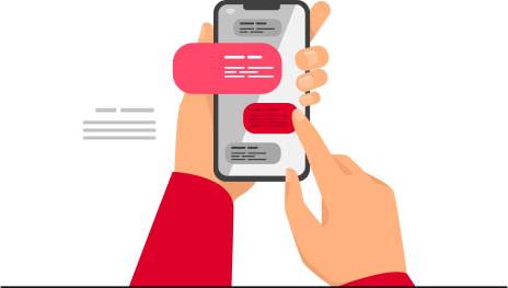 Ilustración de unas manos usando un teléfono móvil con una interfaz de chat online