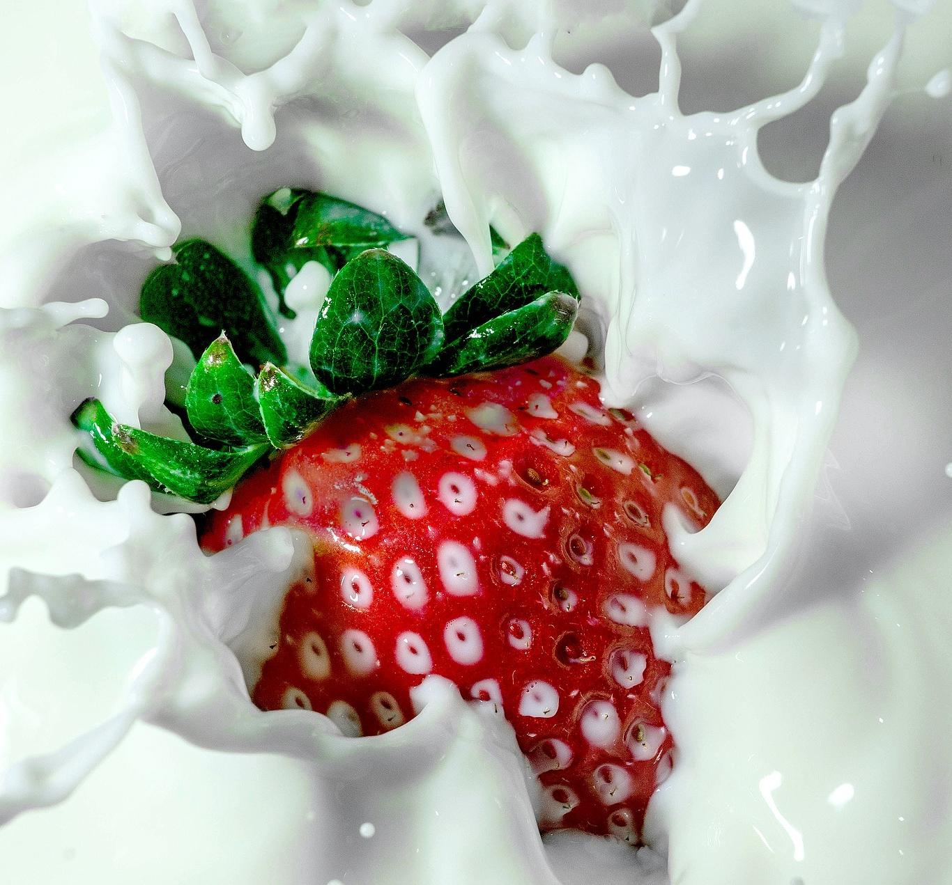 Imagen de una fresa sumergiéndose en leche