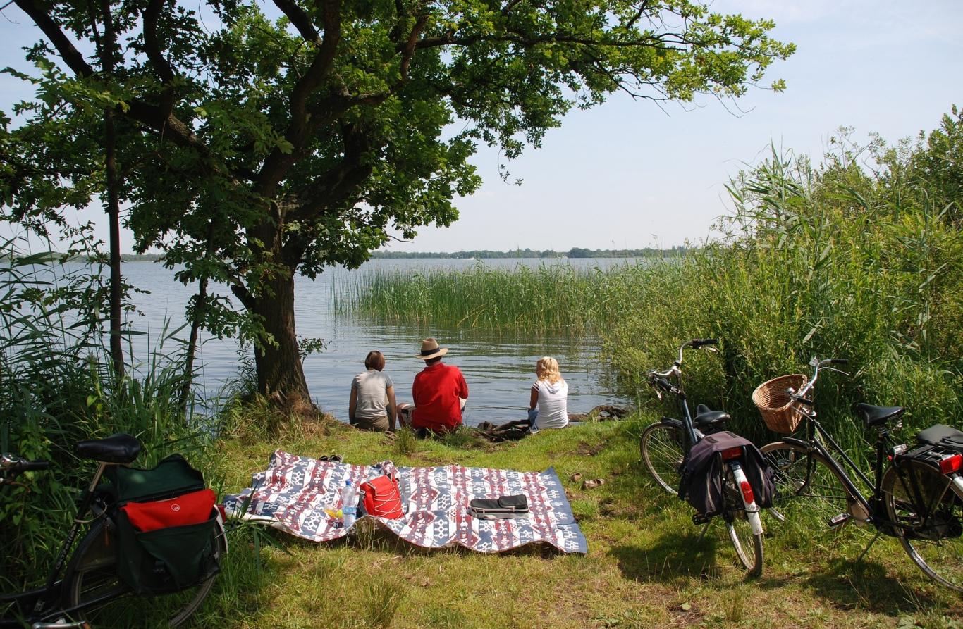 Imagen de una familia al borde de un lago en un picnic con platos preparados