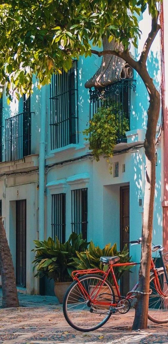 Calle con viviendas y una bicicleta apoyada