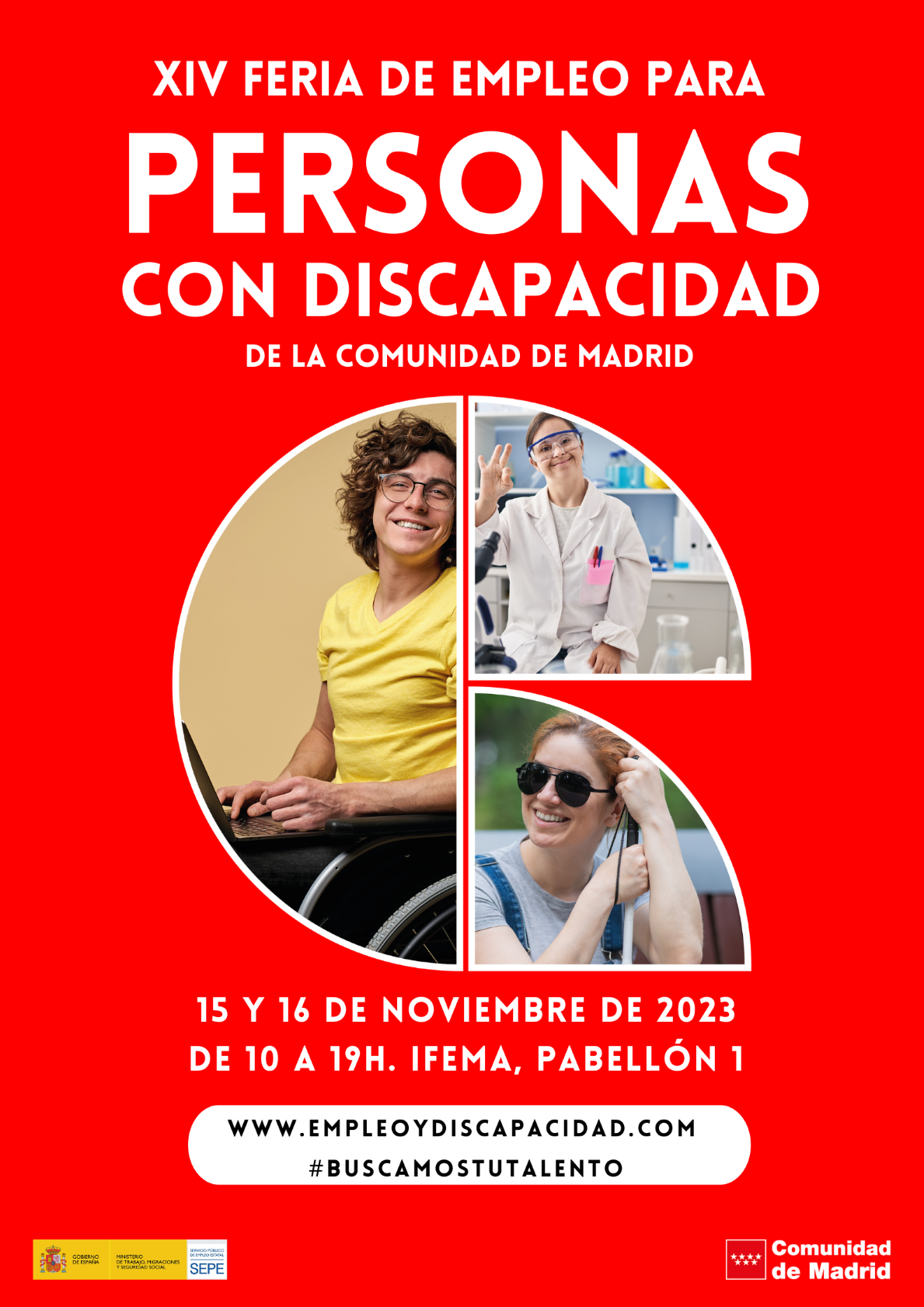 Poster 14 Employment and Disability Fair: young man in a wheelchair with a laptop, a woman in a laboratory with Down syndrome and a blind girl with a cane