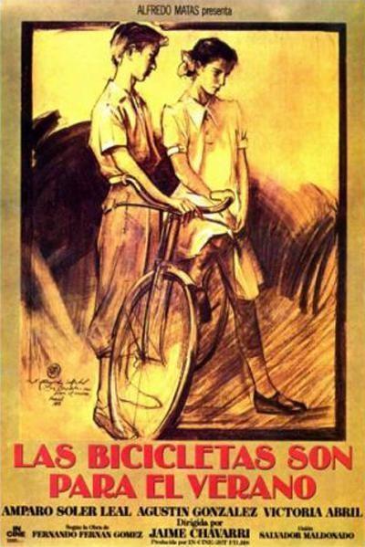 Cartel con fondo amarillo y chico y chica en una bicicleta