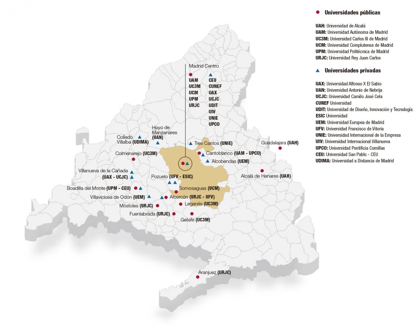 Mapa distribución sedes universidades de la Comunidad de Madrid