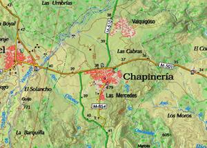 Mapa topográfico con núcleo de Chapinería y carreteras nacionales y locales 