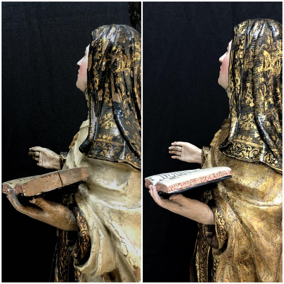Comparativa de la talla de Santa Teresa de Jesús de perfil, antes y después de su restauración